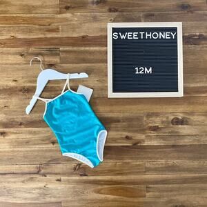 NWT SweetHoney Teal Cream One Piece Sleeveless Swimsuit Leotard Baby 12M